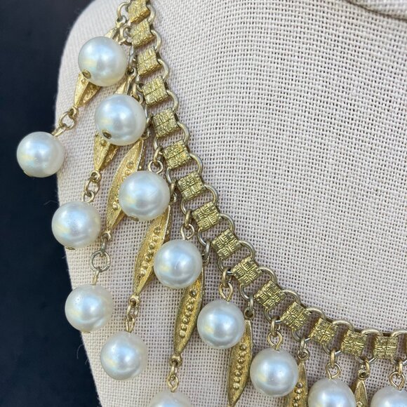 Coro Gold Tone Pearl Drop Waterfall Fringe Bib Necklace - signed - Picture 15 of 15
